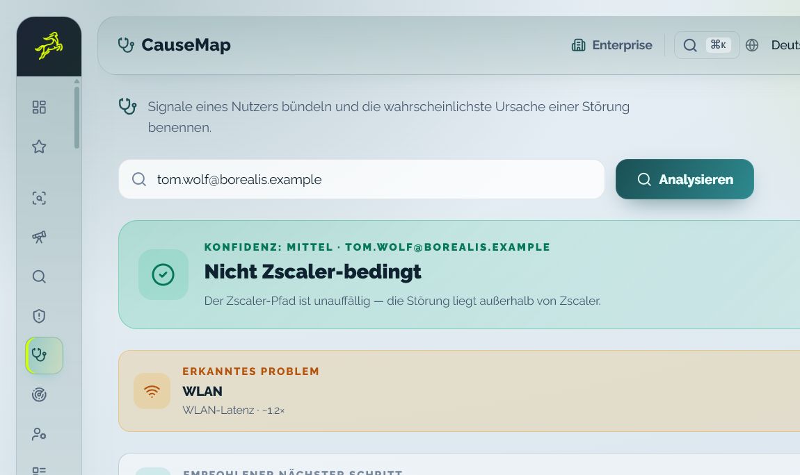 Connectivity Triage Map zeigt einen Ursachenbefund mit Konfidenz, erkanntem Problem und nächstem Schritt