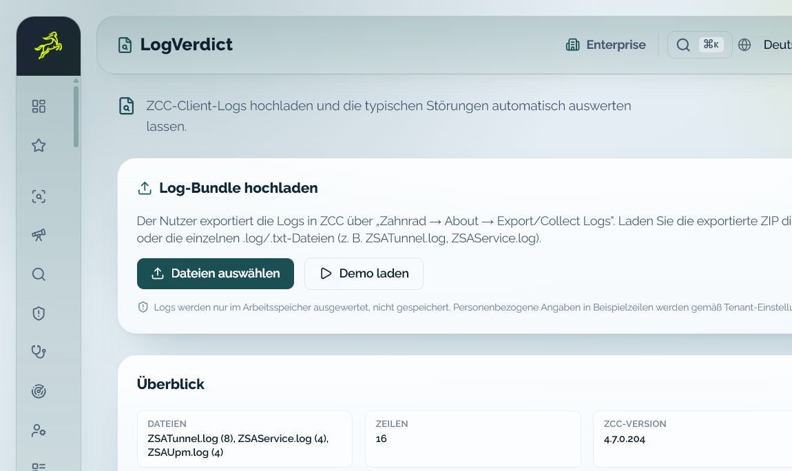 Log Verdict zeigt erkannte Fehler, Warnungen und konkrete Empfehlungen aus ZCC-Logs
