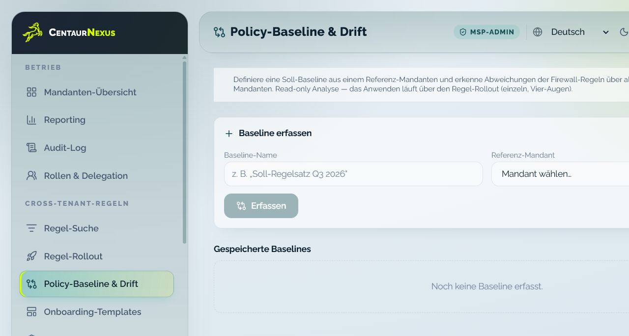 Policy-Baseline und Drift vergleicht einen Referenz-Mandanten mit verwalteten Kundenumgebungen