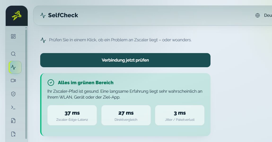 Service Tunnel Check zeigt Zscaler-Edge-Latenz, Direktvergleich, Jitter und einen verständlichen Befund