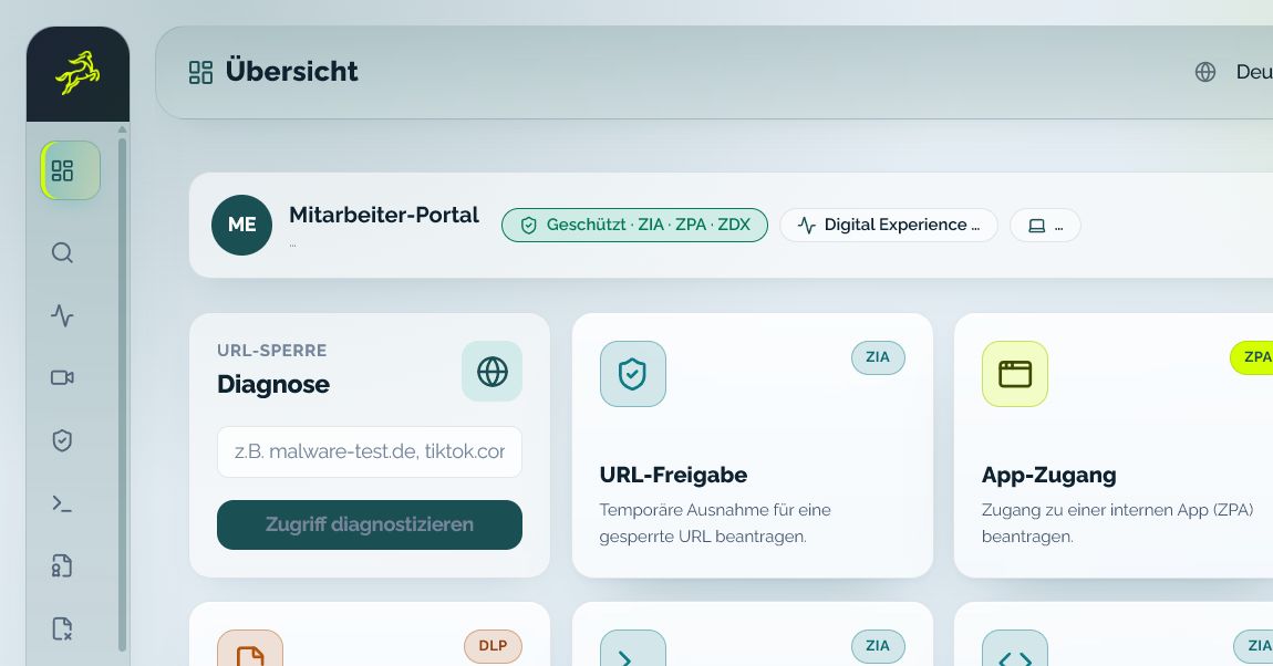 Self-Service-Dashboard mit Diagnose, Zugriffsanträgen und Nutzeraktionen